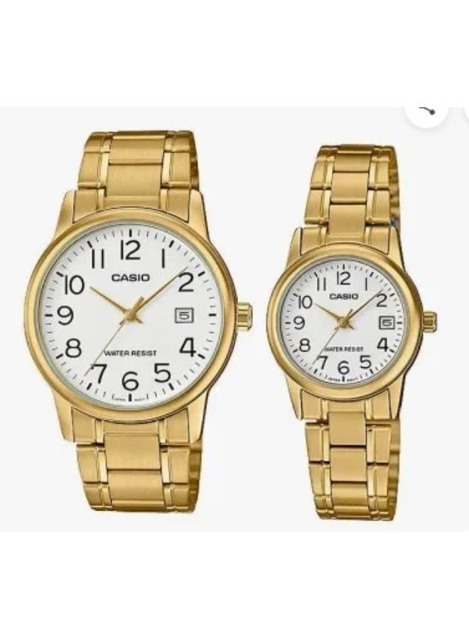 Casio Couple Watch Analog MTP/LTP-V002G-7B2 with Gold Stainless Steel Band - Image 1